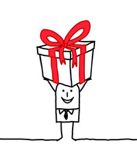 Strichmaxerl hält ein Geschenk mit roter Masche in die Höhe und symbolisiert Komplettpakete von Mehrwertmarketing.
